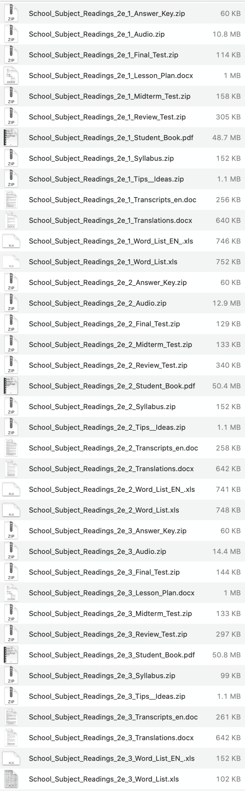 School Subject Readings 2e list